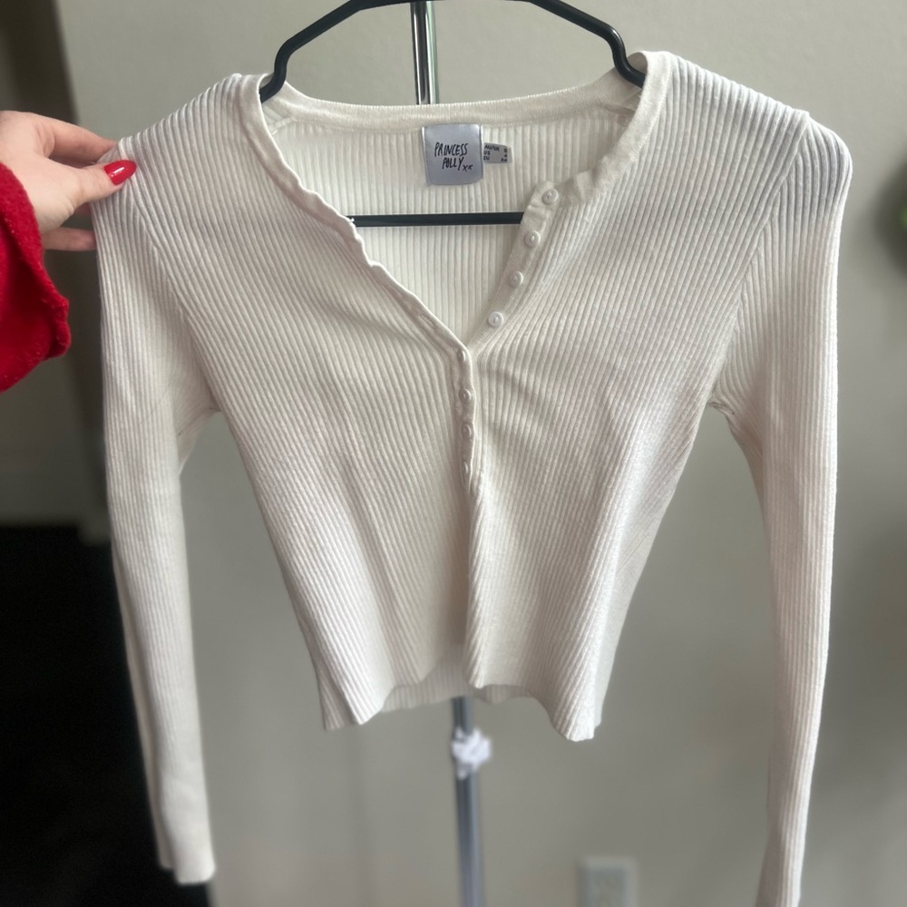 Princess Polly Cream Ribbed Button-Up Top